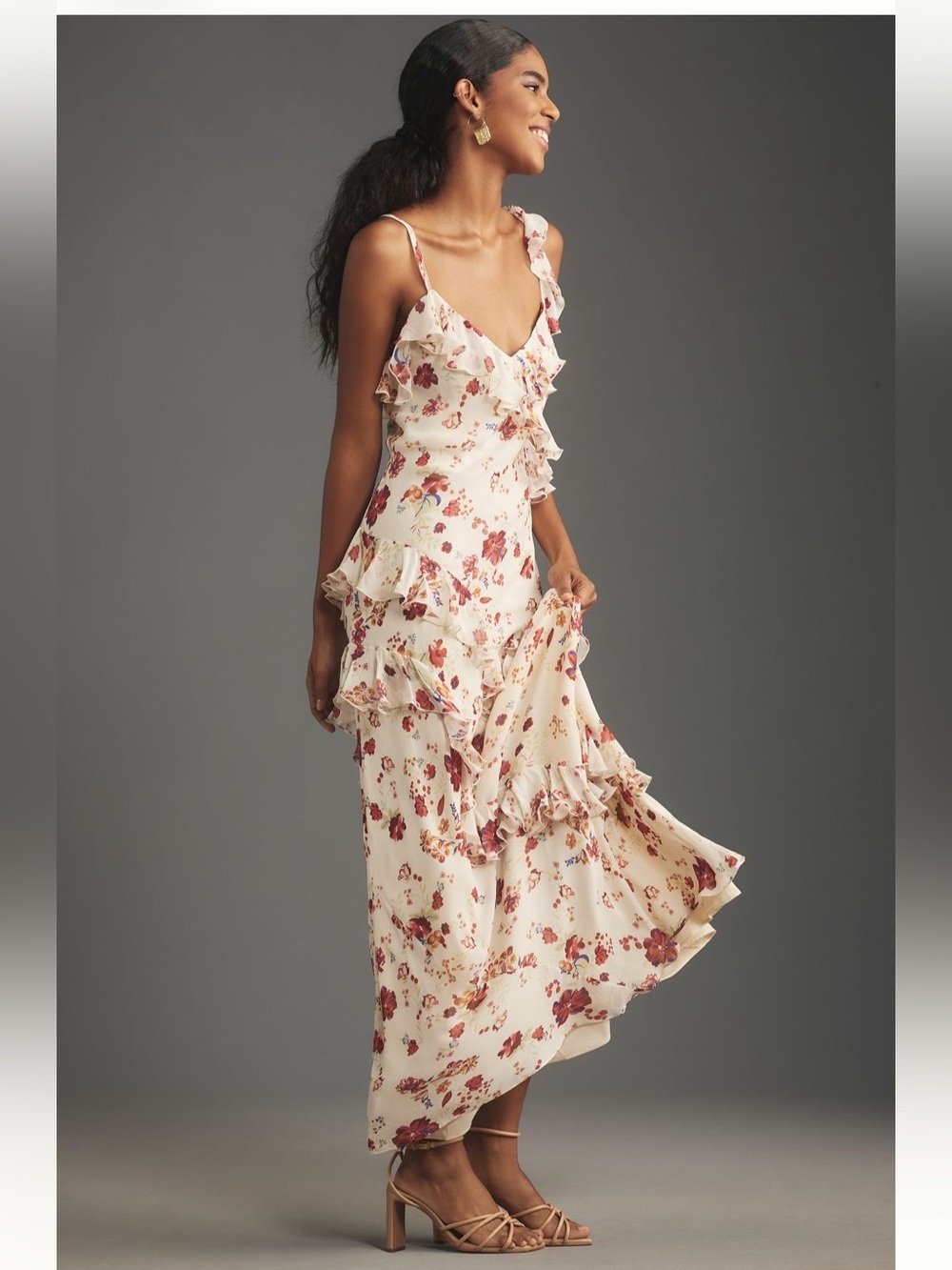Anthropologie Let Me Be Sleeveless Romantic Floral Ruffle Maxi Dress - 12 Petite